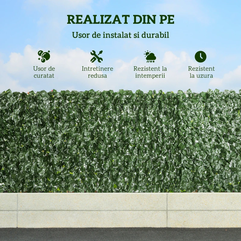Outsunny Rola de Gard Viu Artificial pentru Balcon și Grădină din PE cu Frunze de Iederă, 300x100 cm, Verde Închis