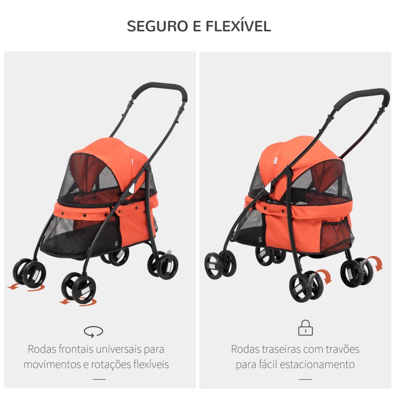 PawHut Carrinho para Animais de Estimação Dobrável com Janela de Malha Almofada Lavável Arnês de Segurança 82x47x97cm Vermelho