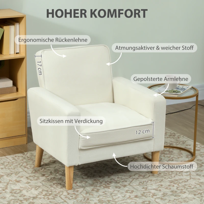 HOMCOM Polstersessel mit Armlehnen, neigbare Rückenlehne, Kautschukholzbeine, Cremeweiß