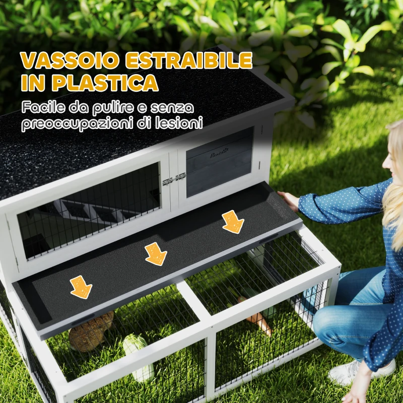 PawHut Conigliera a 2 Livelli con Vassoio Estraibile in Legno di Abete e Acciaio, 122x95x93.5 cm, Multicolore