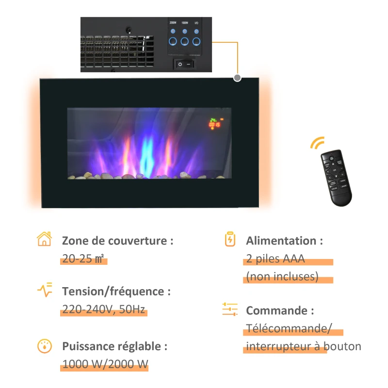 HOMCOM Cheminée électrique murale 1000/2000 W, cheminée décorative avec effet flamme 7 couleurs réglables, 72,5x11,5x40cm, noir