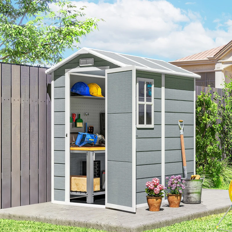 Outsunny 4 x 6ft Garden Shed, Plastic Shed with Floor, Window, Lockable Door and Vents, Resin Tool Shed for Outdoor Patio Storage, Zero Maintenance, Grey