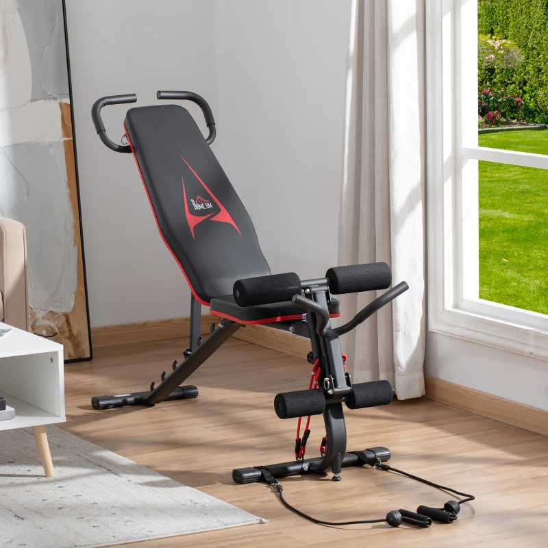 HOMCOM Hantelbank verstellbare Trainingsbank mit elastischer Seils Sit Up-Bank für Heimtraining 6 Stufen Rückenlehne-Gefälle Gewicht bis 150 kg Stahl Kunstleder Schwarz+Rot 145 x 49 x 48-127 cm