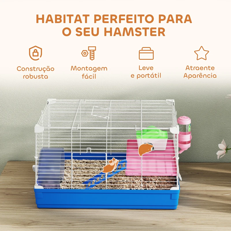 PawHut Gaiola para Hamster Casa para Roedores com Roda de Exercício Tigela Bebedouro Casinha Rampas para Gerbos 47x30x27 cm Azul