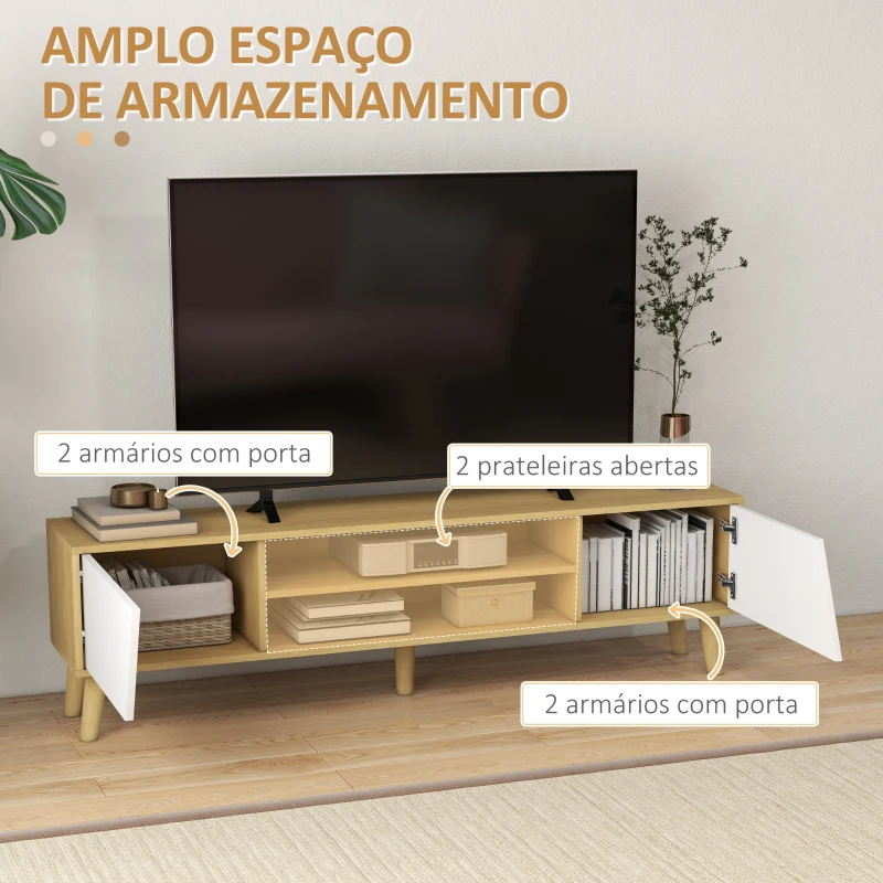 HOMCOM Móvel de TV com 2 Portas e 2 Estantes  para Televisores de até 65 Polegadas 150x30x42 cm Madeira e Branco