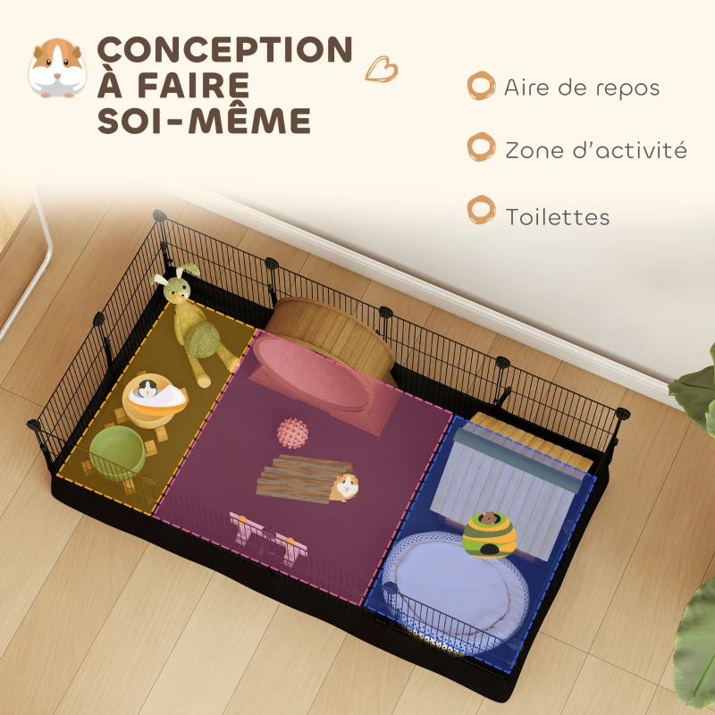 PawHut Enclos pour petits animaux, cage à lapin modulable 12 panneaux avec tapis étanche, en acier, 120 x 60 x 40 cm, noir