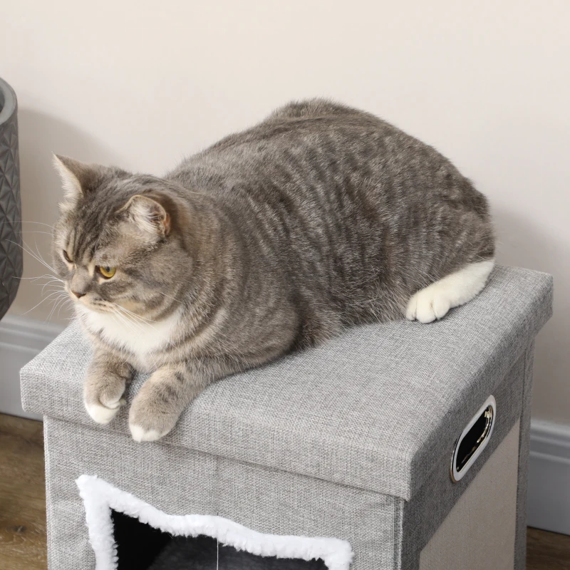 PawHut Niche chat interieur maison chat interieur 2 en 1 pied en bois coussin amovible lavable balle, 35,5x35,5x42,5cm, gris
