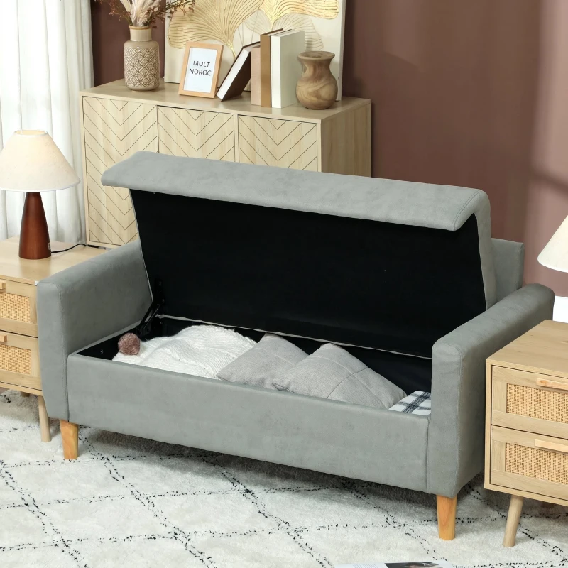HOMCOM Divan cu 2 Locuri Catifelat cu Compartiment de Depozitare Inferior și Perne, 140x72x82 cm, Gri(m-14)