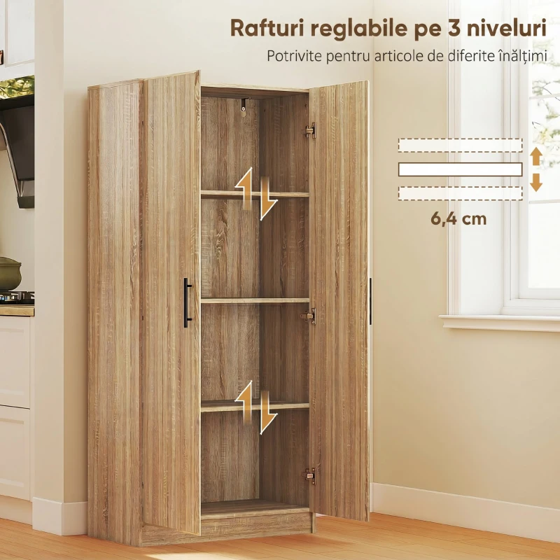 HOMCOM Bufet Modern de Bucătărie cu 2 rafturi reglabile și uși cu închidere amortizată, 75x40x165 cm, lemn