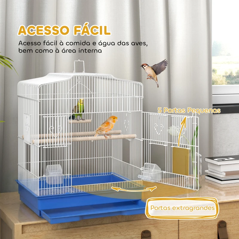 PawHut Gaiola para Pássaros Gaiola de Aço com 2 Recipientes 2 Poleiros Baloiço e Bandeja Removível Pega 46,5x36x59 cm Azul
