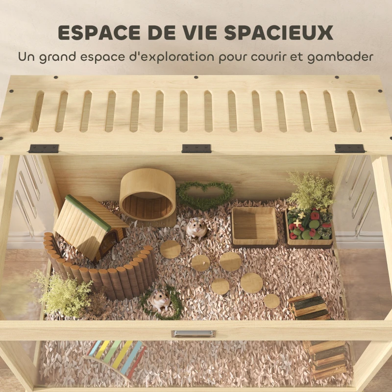 PawHut Cage à hamster en bois surélevée avec plateau de rangement couvercle ouvrable 83,2 x 50 x 103 cm effet bois naturel