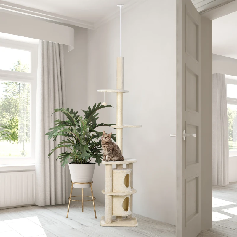 PawHut Arbre à Chat Poteau à griffer Hauteur réglable dim. 45L x 45I x 240-260H cm 2 niches 2 plateformes beige
