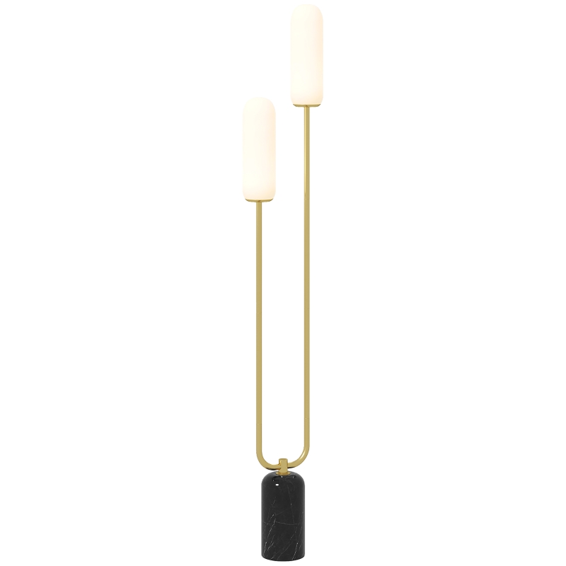 HOMCOM Lampadar în formă de U cu 2 Lumini și Întrerupător de Picior, Lampă de Podea din Sticlă și Oțel cu Bază de Marmură, 26x12x150 cm, Alb Negru și Auriu