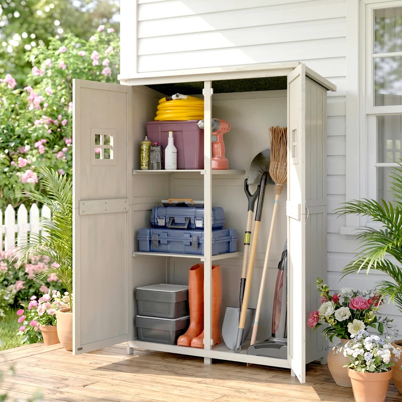 Outsunny Gartenschrank Holz Geräteschuppen Gerätehaus Geräteschrank Pultdach Garten Grau 127,5x50x164cm