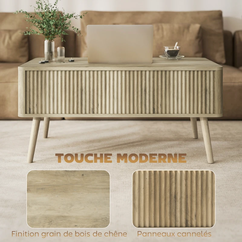 HOMCOM Table basse relevable, table de salon avec 2 compartiments cachés et pieds en pin, 91 x 56 x 43 cm, chêne