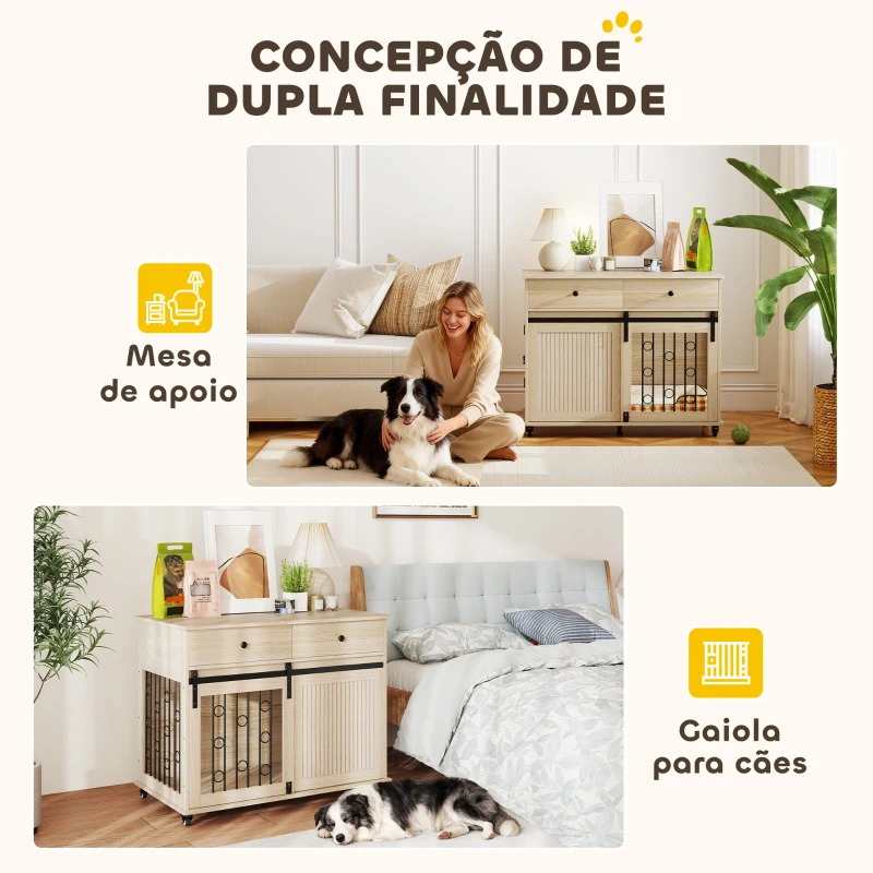 PawHut Gaiola para Cães Médios e Grandes Mesa de Apoio Moderna com 2 Gavetas 2 Portas e Fecho 100x56x81 cm Carvalho