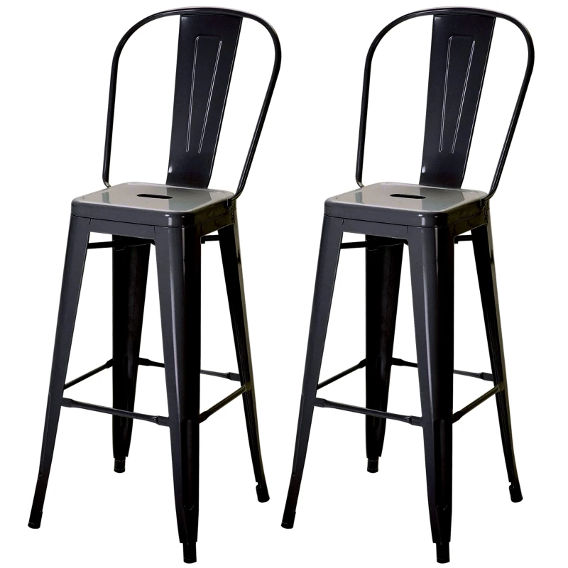 HOMCOM Set 2 Scaune de Bar Industriale cu Spătar Detașabil și Suport pentru Picioare, din Metal, 44x46x116 cm, Negru