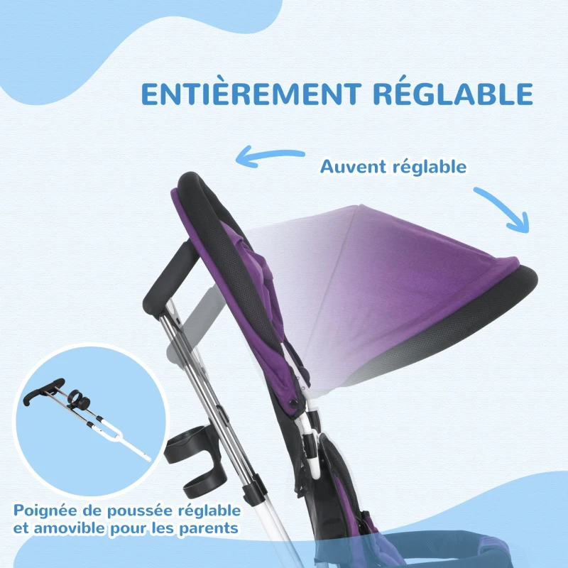 HOMCOM Tricycle enfant évolutif pare-soleil pliable canne télescopique amovible 95 x 50 x 106 cm acier violet blanc