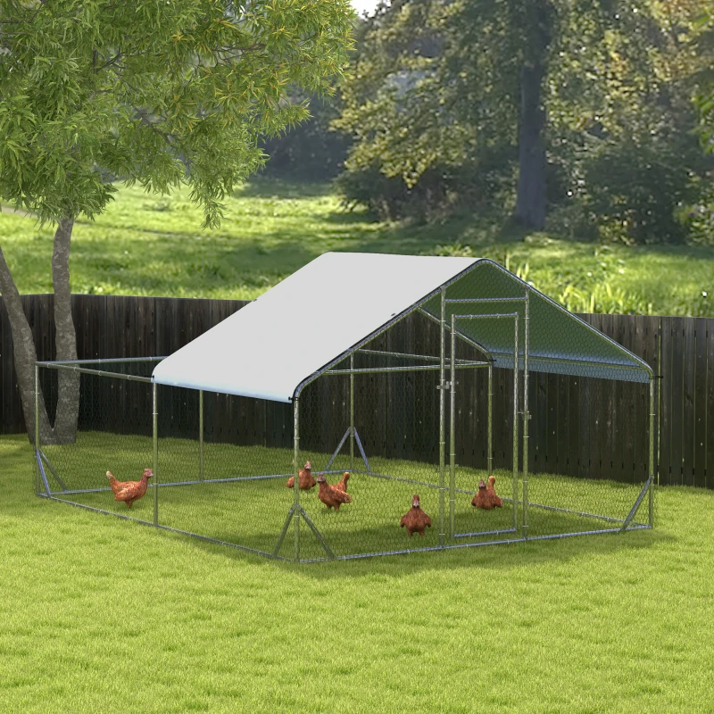PawHut Zwerghühnerstall, wetterbeständig, begehbarer Stall, Stahlgitter, 400 cm x 300 cm x 195 cm, Silber