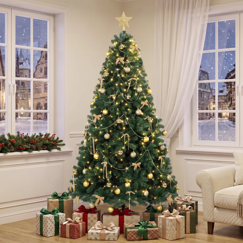 HOMCOM Árvore de Natal Decorativa 180 cm com 240 LED 755 Pontas Ignífugas Estrela 30 Bolas 18 Laços e Decoração Dourada Verde