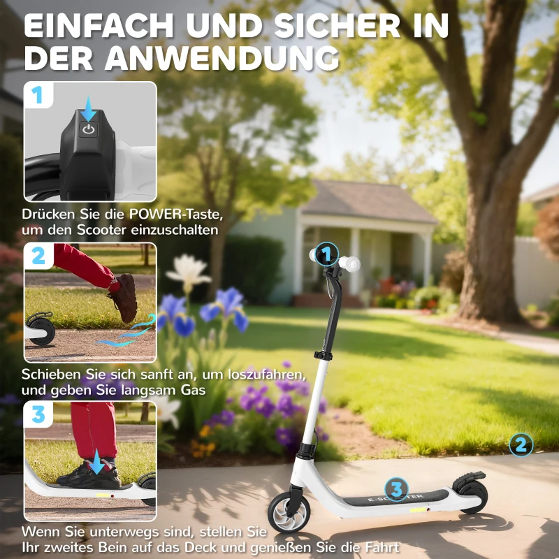HOMCOM E-Scooter, Elektro-Tretroller, 6 km Reichweite, ab 6 Jahren, Stahlrahmen, schwarz+weiß, 76 x 53 x 95cm