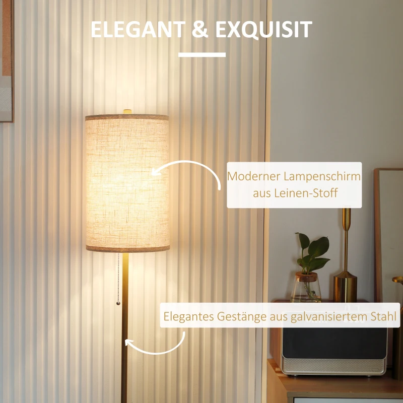 HOMCOM Stehlampe, Elegante Stehleuchte aus Stahl mit Stoffschirm, Wohnzimmerlampe, Zugkettenschalter, Gold+Weiß