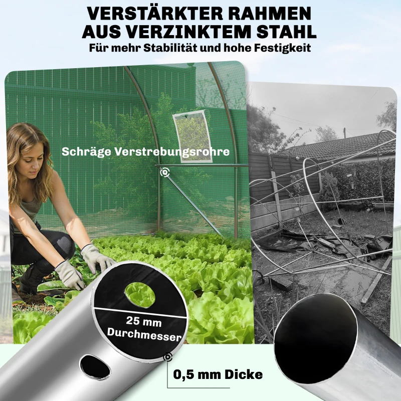 Outsunny Gewächshaus ca. 4 x 3 x 2 m Foliengewächshaus mit Abschließbar Anschlag-Tür 8 Rollbar Netzfenster Stützstangen