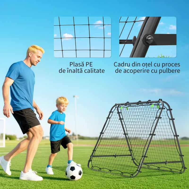HOMCOM Poartă de Fotbal Rebounder Pliabilă cu Unghi Reglabil și Țăruși, din PE și Metal, 100x95x90 cm, Negru