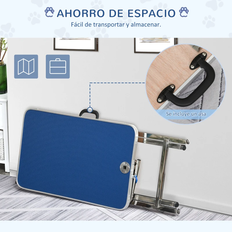 PawHut Mesa de Peluquería para Mascotas con Encimera Antideslizante Patas Plegables Asa y Brazo 72x45x74-81 cm Azul