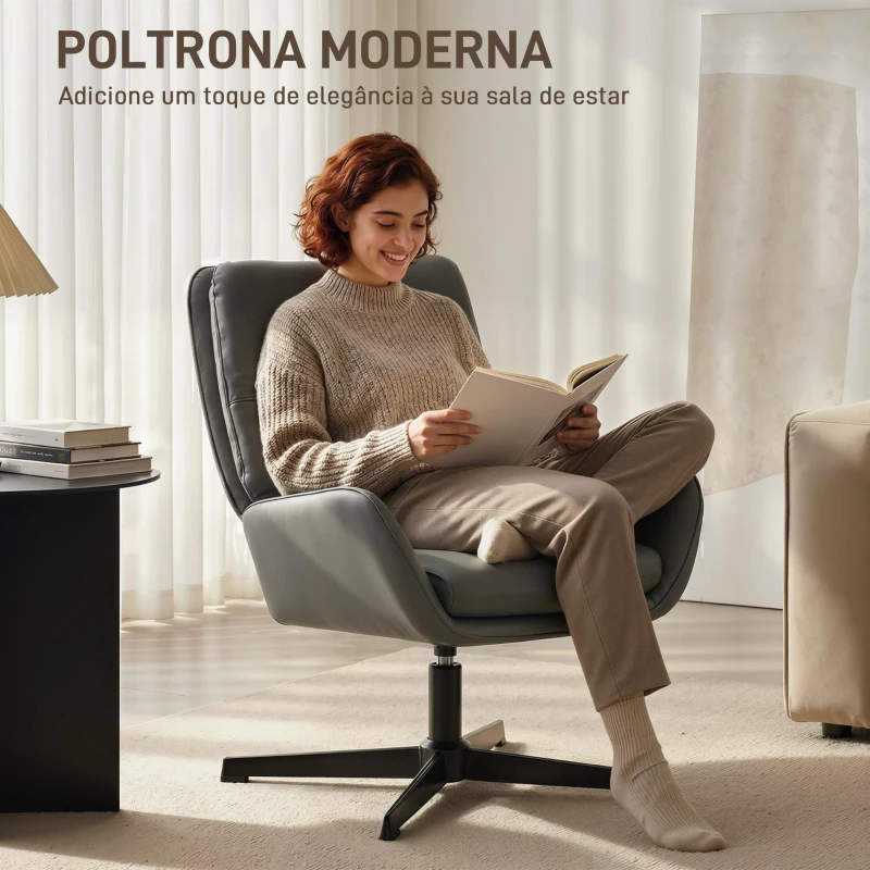 HOMCOM Poltrona de Sala Estofada em PU Poltrona de Leitura com Assento Acolchoado Apoios de Braços Pés Metálicos Cinzento