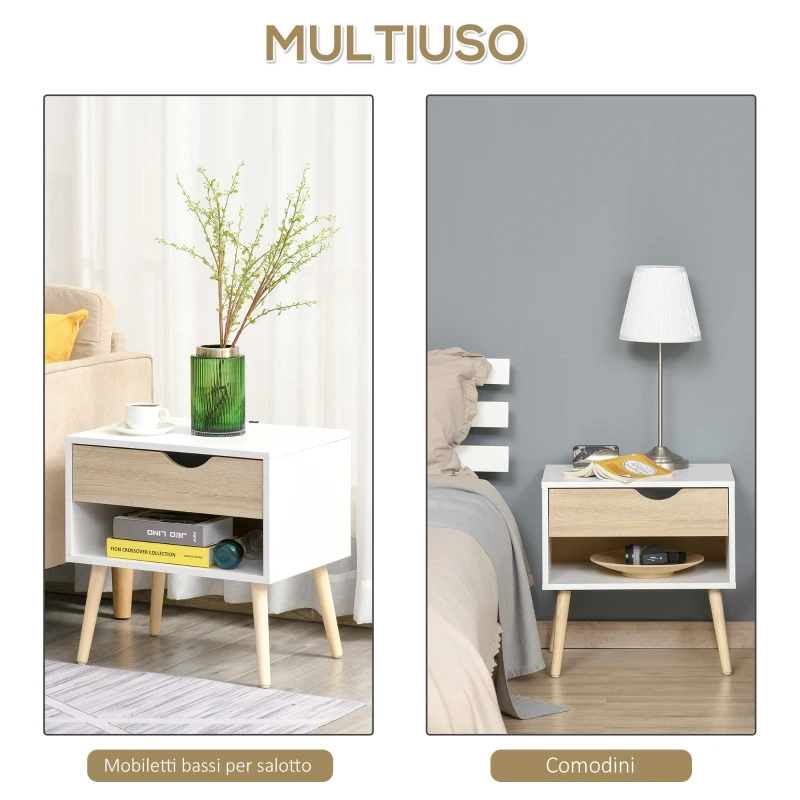 HOMCOM Set di 2 Set de 2 Noptiere Moderne cu Sertar şi  Etajera, Baza Înalţata şi Picioare din Lemn , 50x39x51cm, Alb şi Stejar (m-8)
