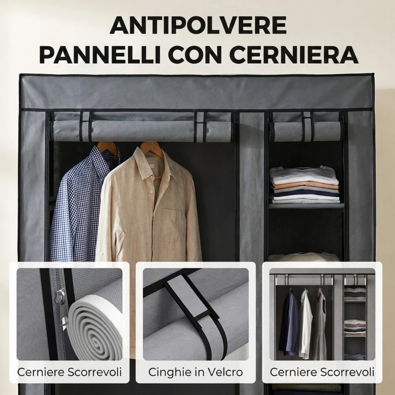HOMCOM Armadio in tessuto con barra appendiabiti e 5 ripiani 110x45x175 cm, grigio