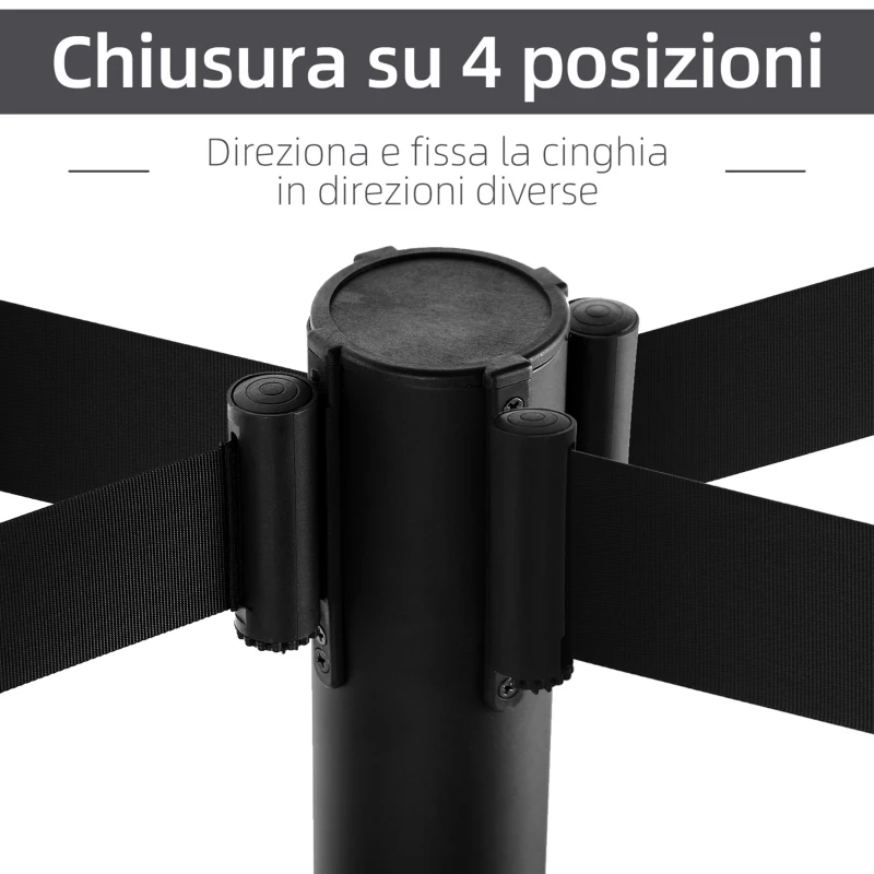Outsunny Set 2 Colonnine Segnapercorso in Acciaio con Nastro Nero Allungabile, 200x32x90cm