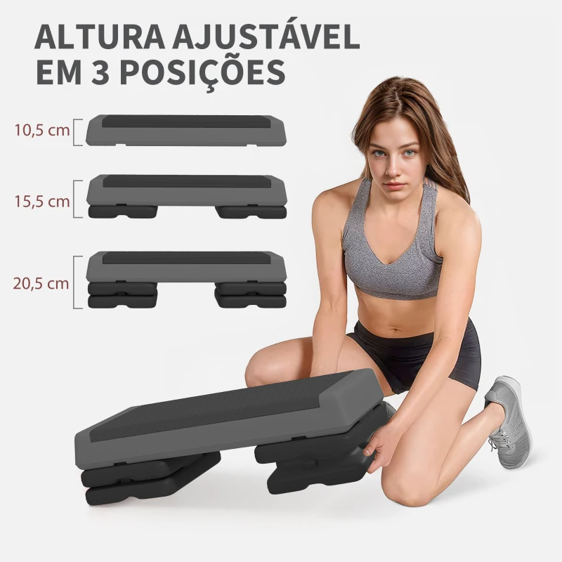 SPORTNOW Step para Fitness Antideslizante Altura Regulável 3 Níveis de 10,5/15,5/20,5 cm Capacidade 250 kg 77x36x20,5 cm Cinza e Preto