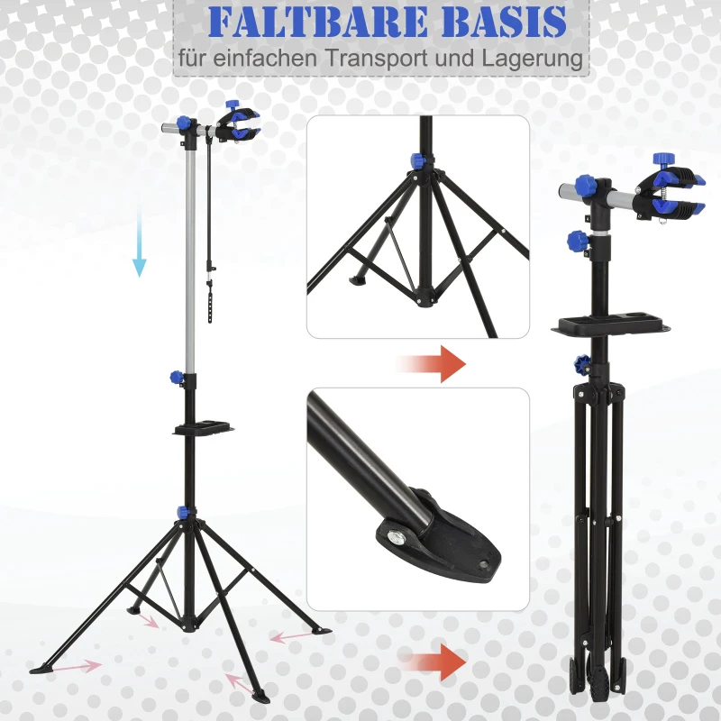 HOMCOM Fahrradmontageständer Zentrierständer Fahrradständer Reparaturständer vierbeinig mit Werkzeugablage Schwarz 144x144x117-170 cm
