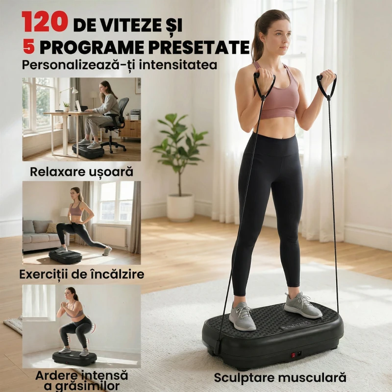 SPORTNOW Platformă Vibrantă cu 120 Niveluri de Viteză, 5 Programe și Display LED, Silențioasă, cu Benzi de Rezistență