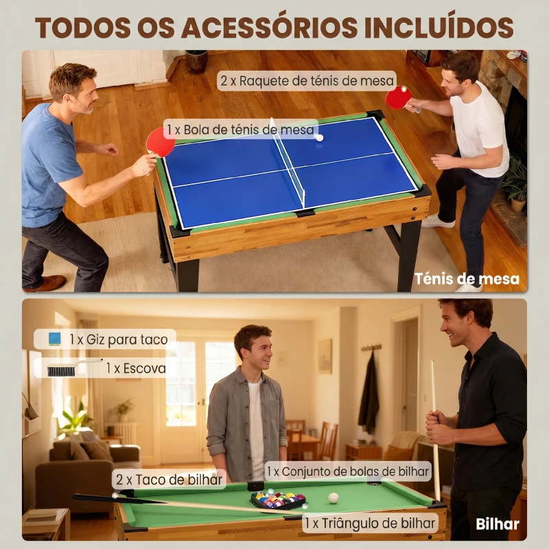 SPORTNOW Mesa Multijogos 13 em 1 Mesa de Jogo com Matraquilho Bilhar Ping-Pong Hóquei Xadrez Damas Backgammon e Acessórios 121x109x80 cm Madeira e Preto