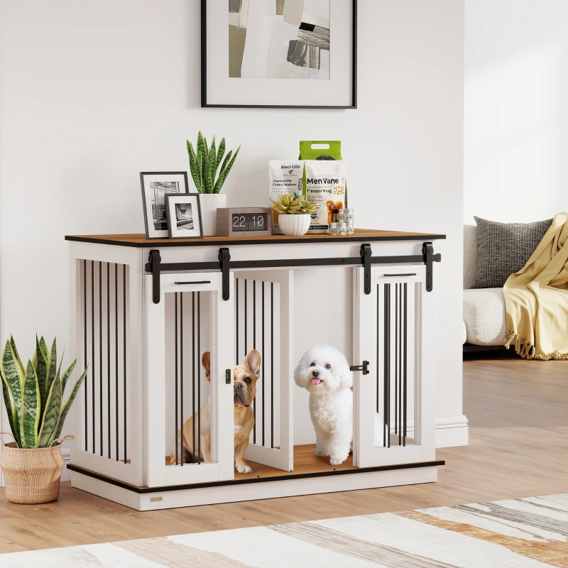 PawHut Hundekäfig mit 2 Türen, Hundebox, Transportbox für Hunde, rustikales Design, verriegelbar, Weiß(m-10)