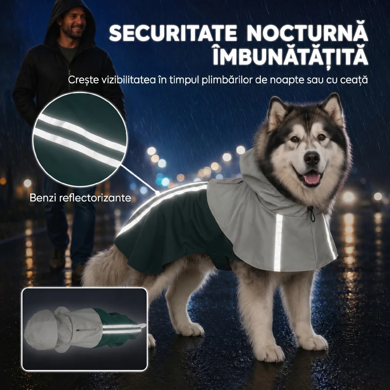 PawHut Impermeabil pentru Câini de Talie Foarte Mare, cu Glugă, Orificiu pentru Lesă și Benzi Reflectorizante, Verde