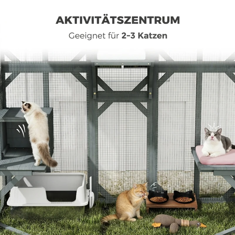 PawHut Katzengehege Outdoor begehbar Holz Katzenhaus mit 4 Plattformen wasserabweisend Oxford-Dach 2-3 Katze bis 8 kg