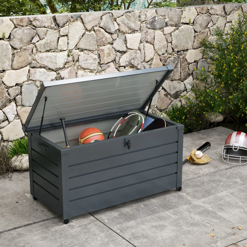 Outsunny Baú de Exterior 311 L Baú de Armazenamento de Aço Galvanizado com 1 Fechadura para Jardim 120x62x66 cm Cinza Escuro