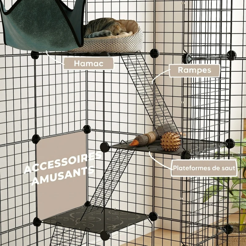 PawHut Cage pour chat d'intérieur parc pour chat en acier à 4 niveaux DIY avec 5 portes hamac 1-3 chats 105 x 70 x 140 cm noir
