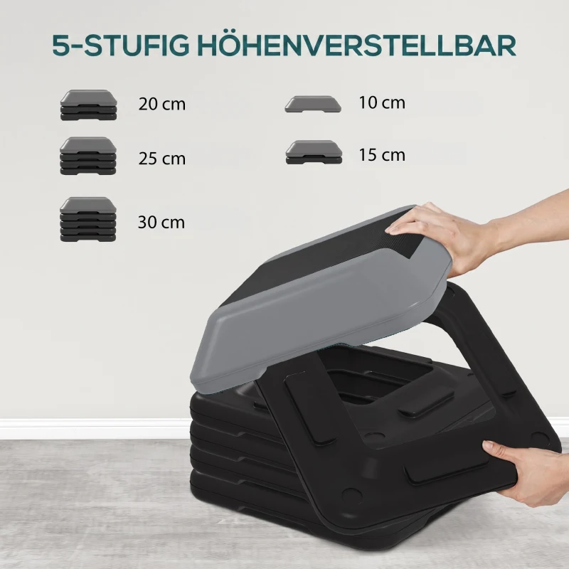 SPORTNOW Steppbrett höhenverstellbar Fitness Aerobic Stepper mit 5 Stufen 10-30 cm, Anti-Rutsch-Matte, Rutschfest kompaktes Step Bench bis 150 kg für Zuhause Fitnessstudio Büro Grau