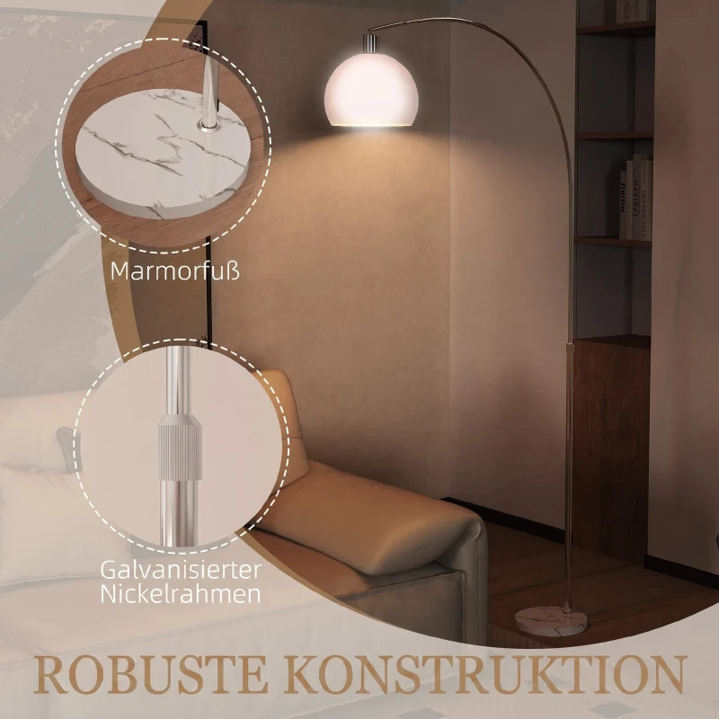 HOMCOM Stehlampe, gebogener Kopf, Fußschalter, Marmorsockel, Kunststoffschirm, Weiß