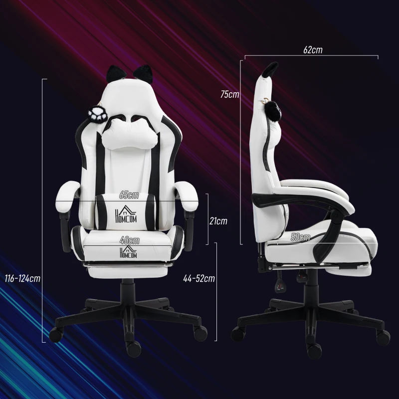 HOMCOM Cadeira Gaming com Orelhas Cadeira Gamer Reclinável com Altura Ajustável e Suporte Lombar 65x62x116-124 cm Branco