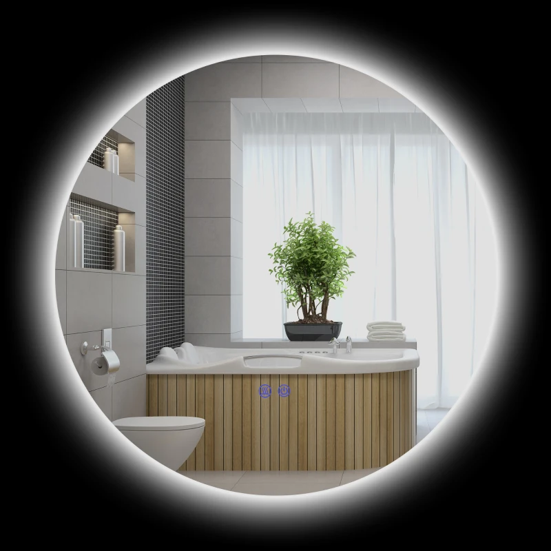 kleankin Oglindă de Baie cu Lumini LED Reglabile, Comutatoare Touch și Design Anti-aburire, Ø60 cm