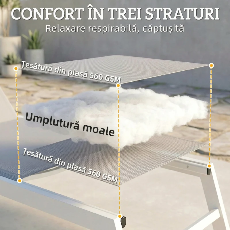 Outsunny Șezlong Căptușit, Spătar 6 Poziții, Cadrul din Aluminiu, Capacitate 120 kg, Gri Deschis