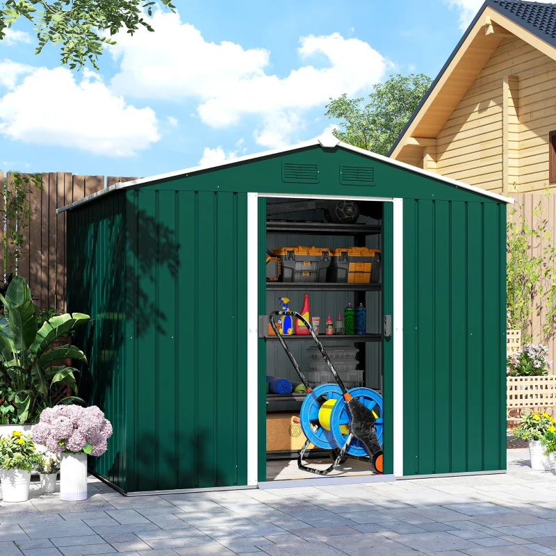 Outsunny Magazie de Grădină 3,6m² din Foi de Oțel cu 2 Uși Glisante și 4 Guri de Aerisire, 236x174x190 cm, Verde