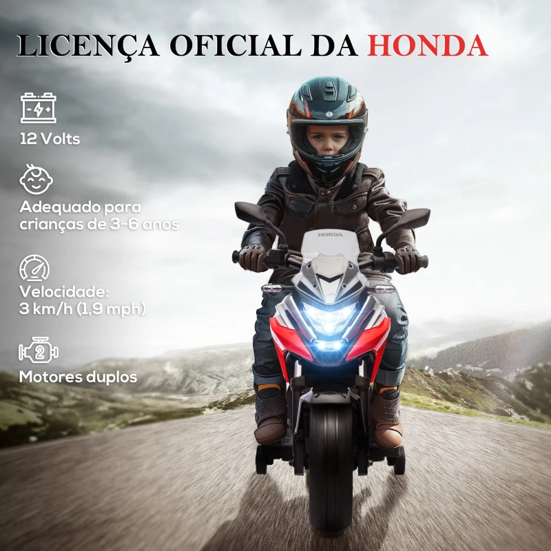 AIYAPLAY Moto Elétrica para Crianças de 3-6 Anos com Licença Honda com USB MP3 Luz LED e Velocidade 3 km/h Carga 30 kg Vermelho