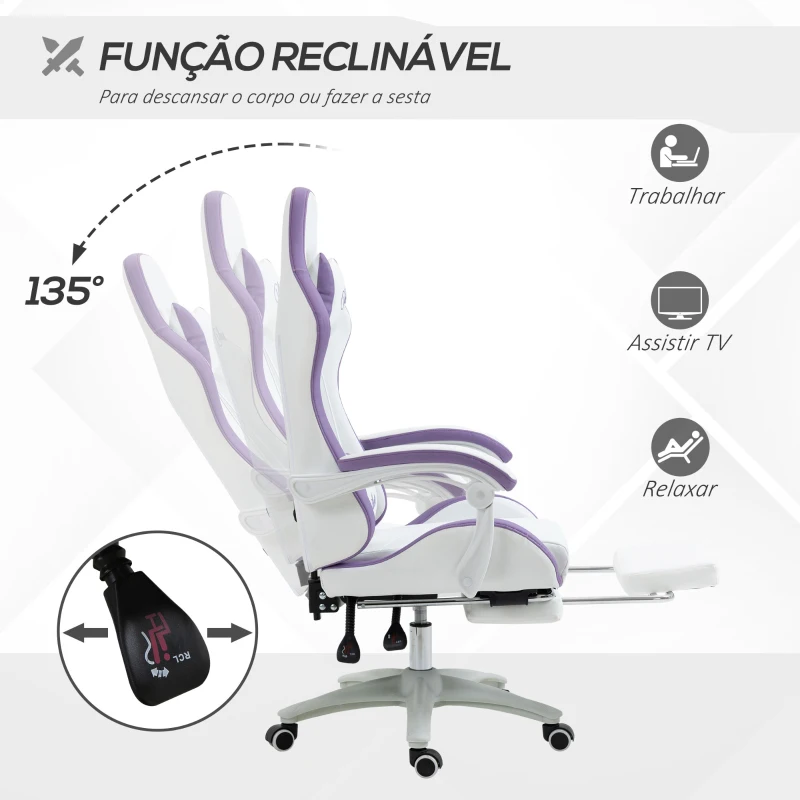 Vinsetto Cadeira Gaming de Couro PU com Altura Ajustável Reclinável 135° e Apoio para os Pés Retrátil 65x65x121-129 cm Branco e Roxo